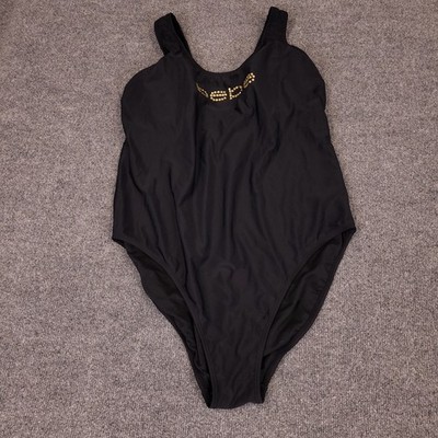 Bebe  One Piece Swimsuit High Cut Y2K Glam Womens Black Gold Logo