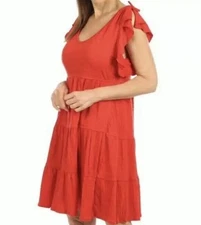 Max Studio Tiered Babydoll Dress Red Orange Jersey Stretch Ruffle Sleeve M