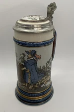 Antique Mettlach Stein No. 2230 “Dutch Councilman & Barmaid" .5L, inlaid lid