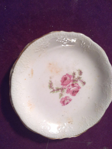 Antique Butter Pat-Small Pink Roses-Semi Vitreous Porcelain