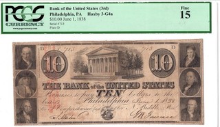 1838 Bank Of The United States $10 Obsolete Note Scarce