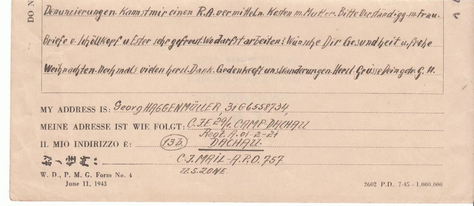 Kriegsgefangenen-Post/Civilian Internee - Brief v. Dachau/Nachgebühr/1943/Inhalt - Bild 4 von 4