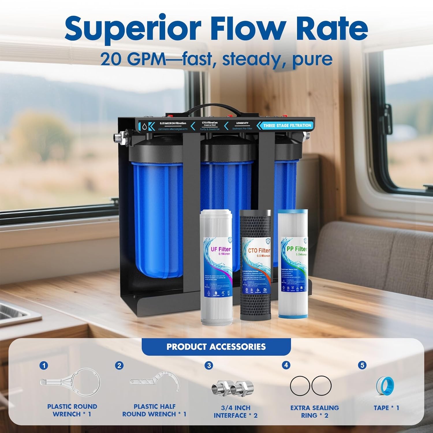 RV Water Filter System, 0.01 Micron RV Water Filtration System, 5-Stage PP+CTO+U
