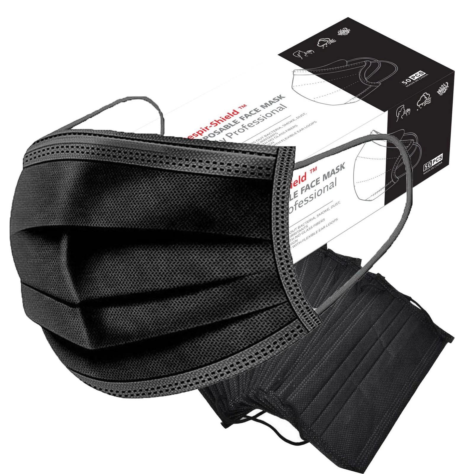 Respir-Shield™ Loop Face Mask Non-Medical, 100PCS Black Disposable 3-ply Masks
