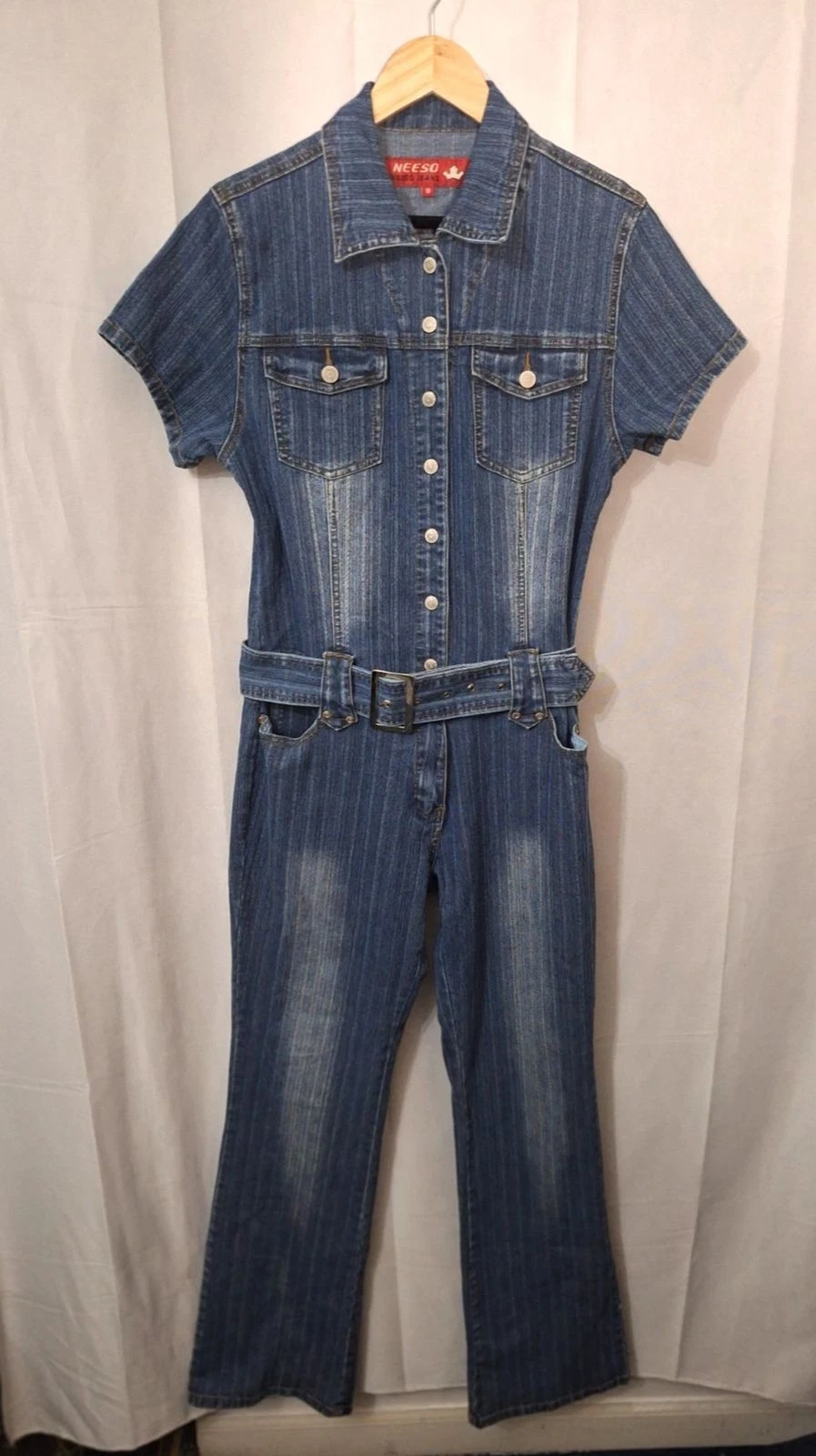 Vintage 2000's Y2K NESSO Denim Jumpsuit Womens Sz 13 Flare Belted Short Sleeve