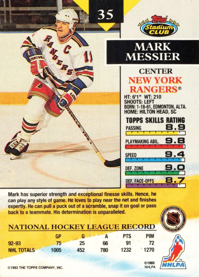 Mark Messier 1993-94 Stadium Club #35 New York Rangers Hockey - Image 2 of 2