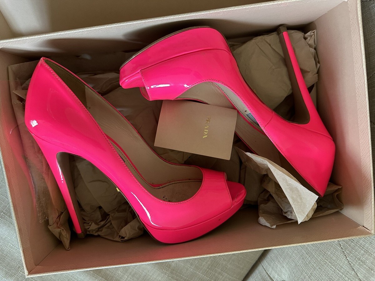 PRADA Hot Neon Pink Open Toe 36 1/2 Women Patent Leather