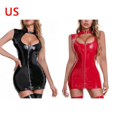 US Sexy Womens Cutout Zipper Front Bodycon Dress Wet Look Patent Leather Dresses