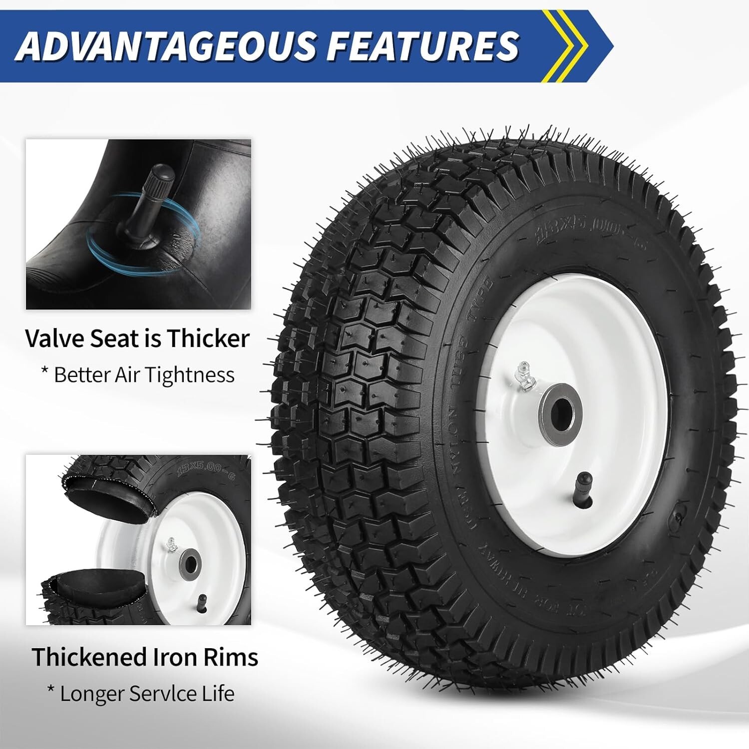13x5.00-6 Rubber Lawn Mower Tire and Wheel, 2 Pcs Replacement 13x5-6nhs Riding