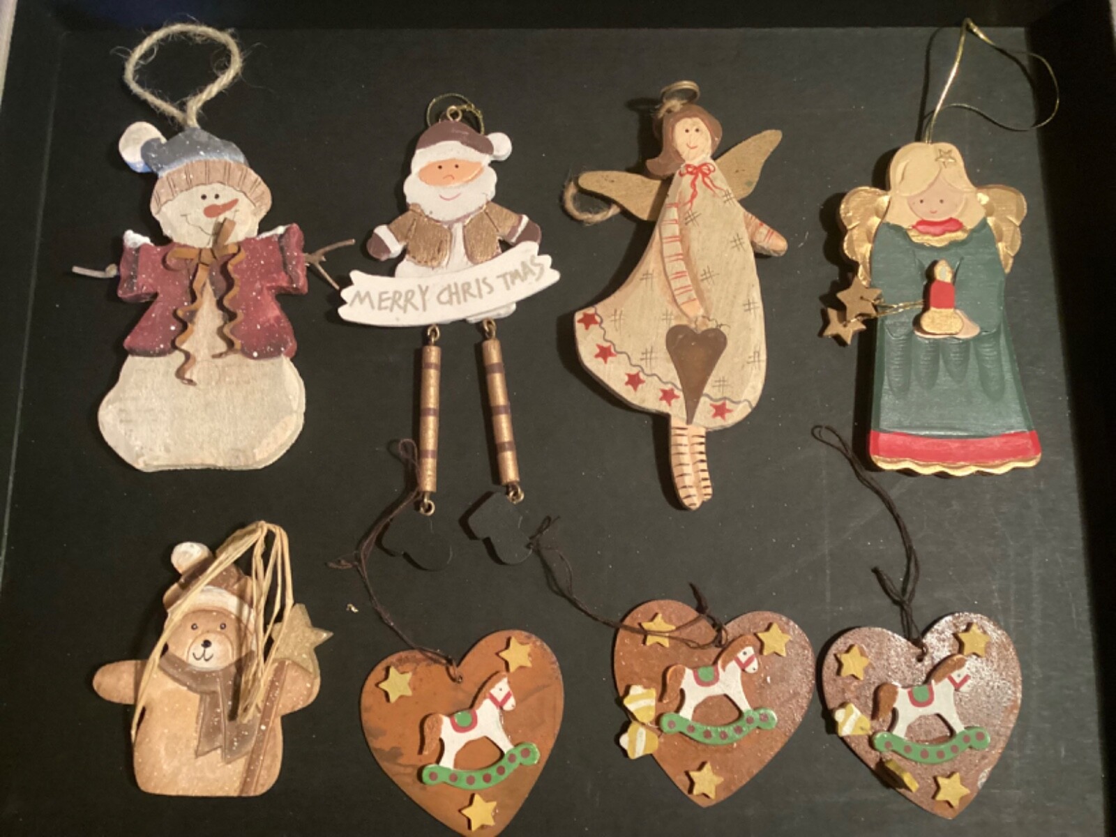 Selection primitive wooden rusty tin Christmas Tree Decorations angels