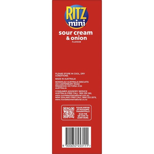 Nabisco Ritz Mini Sour Cream & Onion Crackers Biscuits Pack 155g - Picture 4 of 4