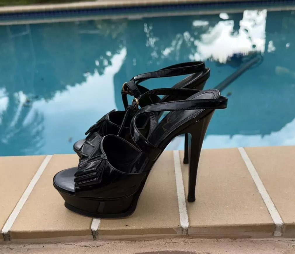 YVES SAINT LAURENT BLACK LEATHER TRIBUTE PLATFORM PUMP Sz 36.5M