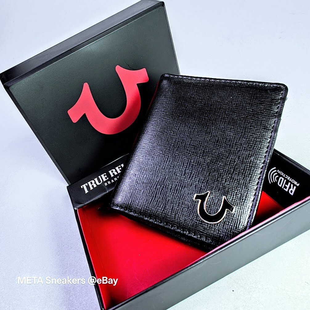 True Religion RFID Leather Bifold Wallet   Black Gold Horseshoe  Slim Front New thumbnail 7