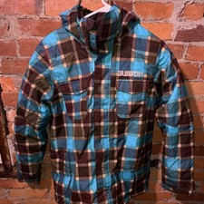 Burton Dryride Plaid Ski Jacket Unisex Kids Large Blue Brown Beige Hooded Zip