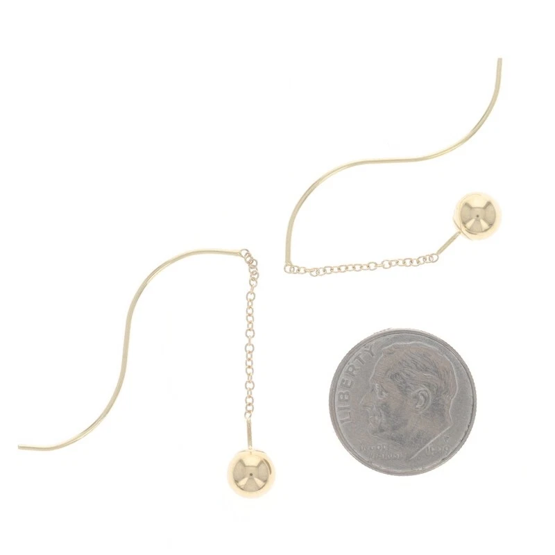 Yellow Gold Bead Threader Earrings - 14k Ball Orb Pierced - Image 3 of 4