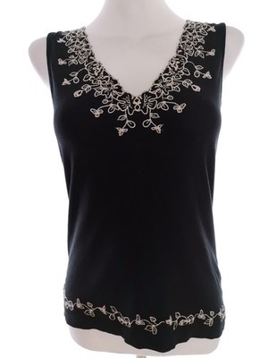 DRANELLA Damen Bluse Gr. M Schwarz Viskose Ärmellos Stickerei V-Ausschnitt