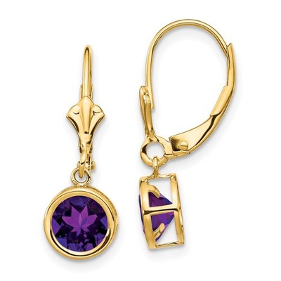 14K Gelbgold 6mm Runde Amethyst Einfassung Leverback Ohrhänger Damen