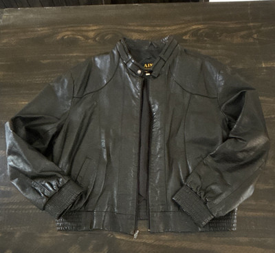 AIMS Men's Black Bomber Jacket Leather Full Zip Band Collar Lined Riding M
