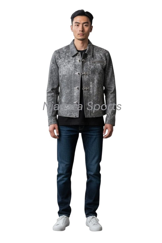 Chaqueta de cuero lavado ácido Chaqueta de cuero para hombre Cuero de vaca genuino Foto 3 de 4