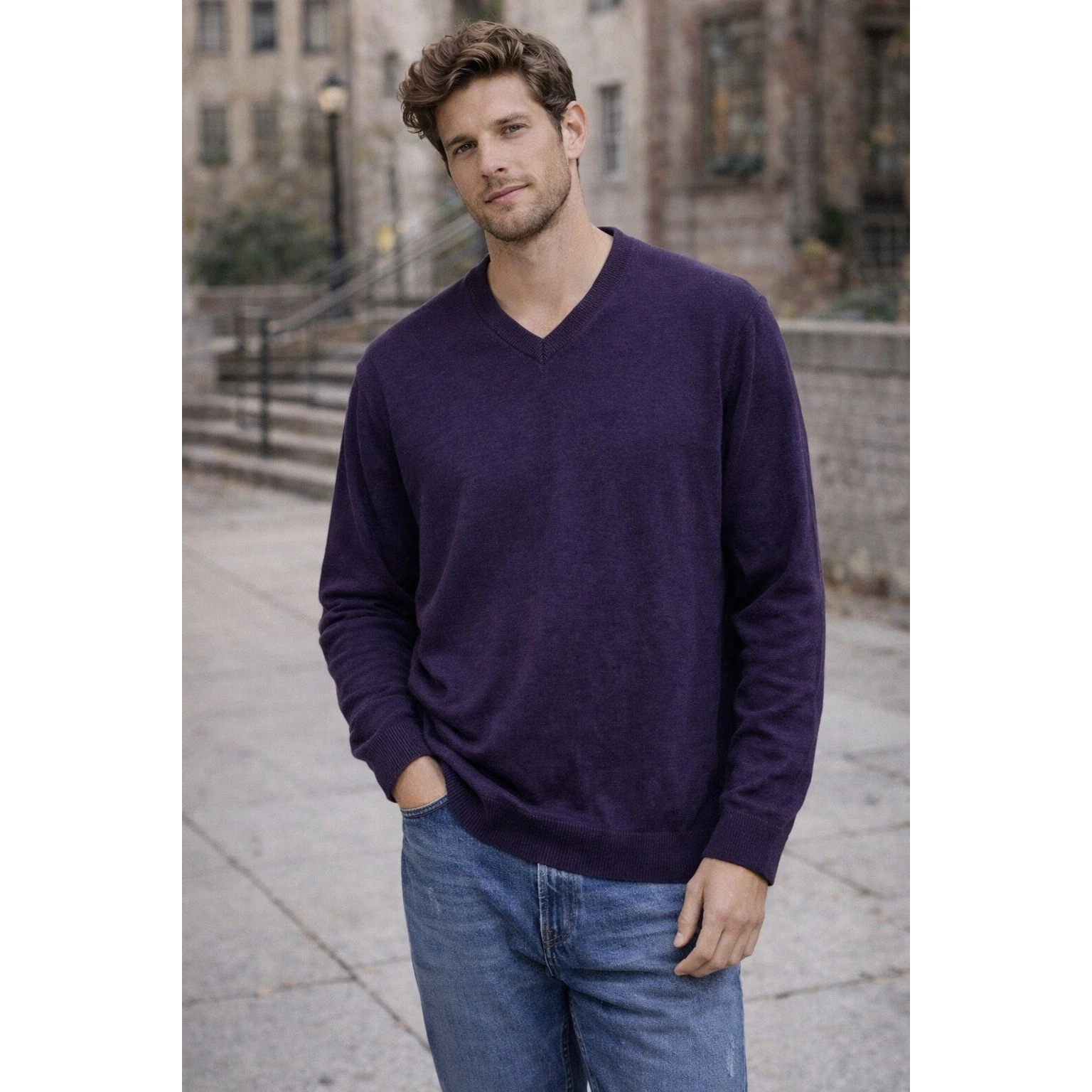 Jos. A. Bank Signature Collection V-Neck Purple Italian Merino Wool Sweater Sz L