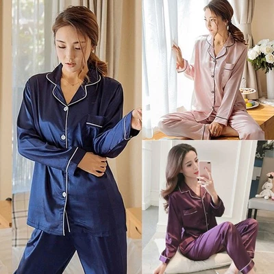 Women Ladies Plain Silky Satin Pyjamas Silk PJ'S Sleepwear Long Sleeve Nightwear