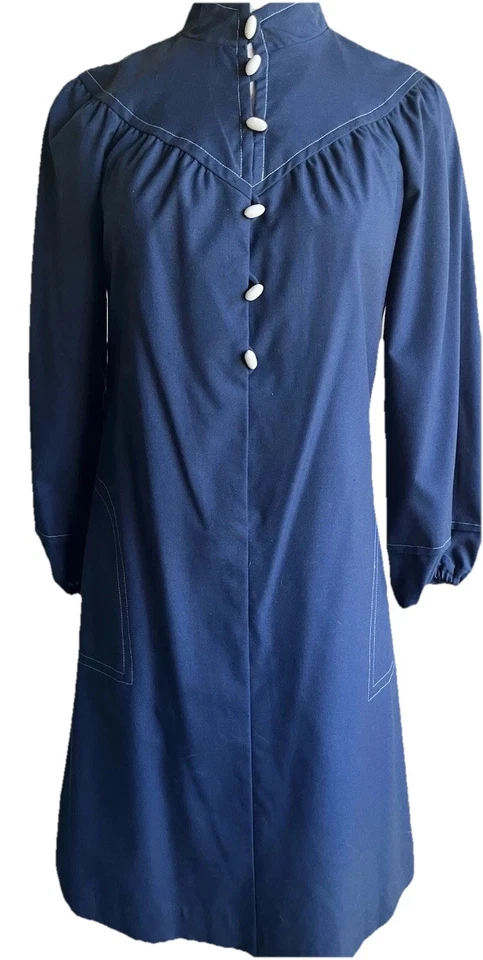 Винтажный 1960-х годов Mod платье Neiman Marcus подпоясанный темно-синий высокий воротник полоски офиса - Изображение 3 из 4