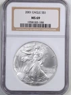 2001 1oz Silver American Eagle MS69 NGC 1958183-188
