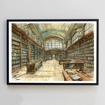 Bibliothek Architektur Aquarell Gemälde Illustration A4 Wanddeko Kunstdruck