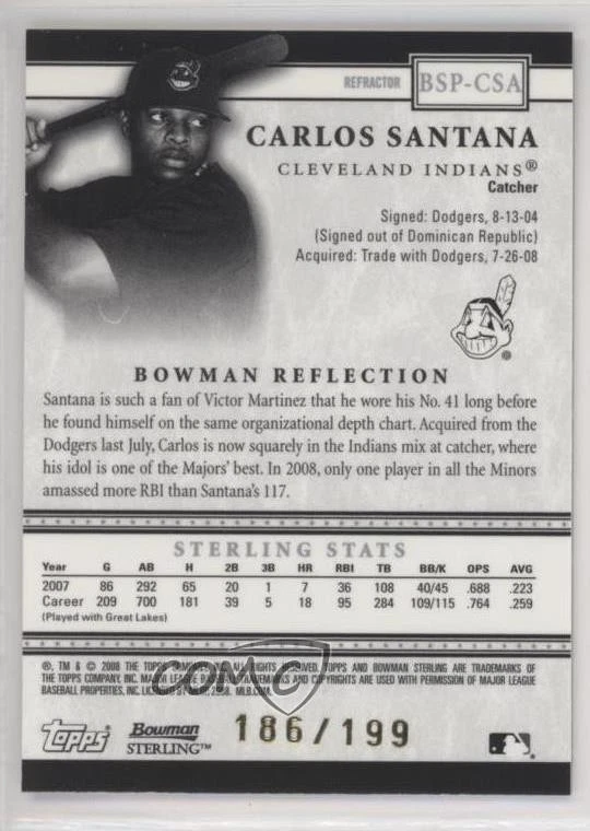 2008 Bowman Sterling Prospects Refractor /199 Carlos Santana #BSP-CSA Auto - Image 2 of 2