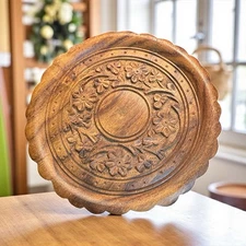 Vintage 6” Carved Floral Wood Scalloped Edge Plate