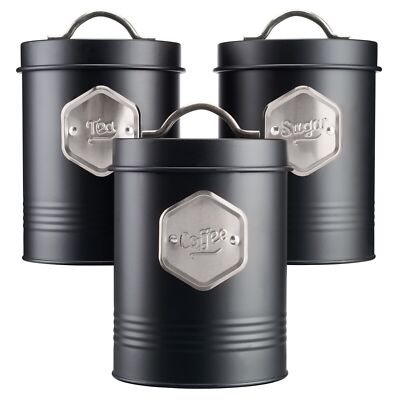 Tea Coffee Sugar Canisters Bin Jar Storage 3pc Black/Silver