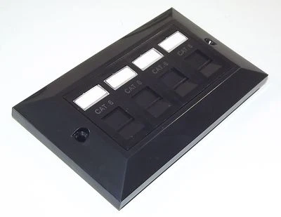 BLACK BEVELLED Cat6 RJ45 Quad (4 way) Face Plate Ethernet Network 2 gang socket - Image 1 of 2