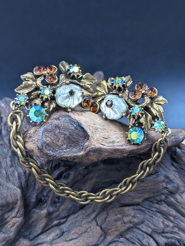 Vtg FLORENZA Sweater Guards Clips Frosted & Blue Aurora Borealis Glass
