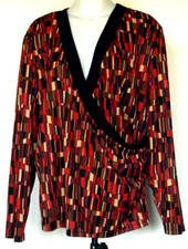 Lane Bryant Crossover Draped Front 3/4 Sleeve Black & Red Top 18/20 Made in USA