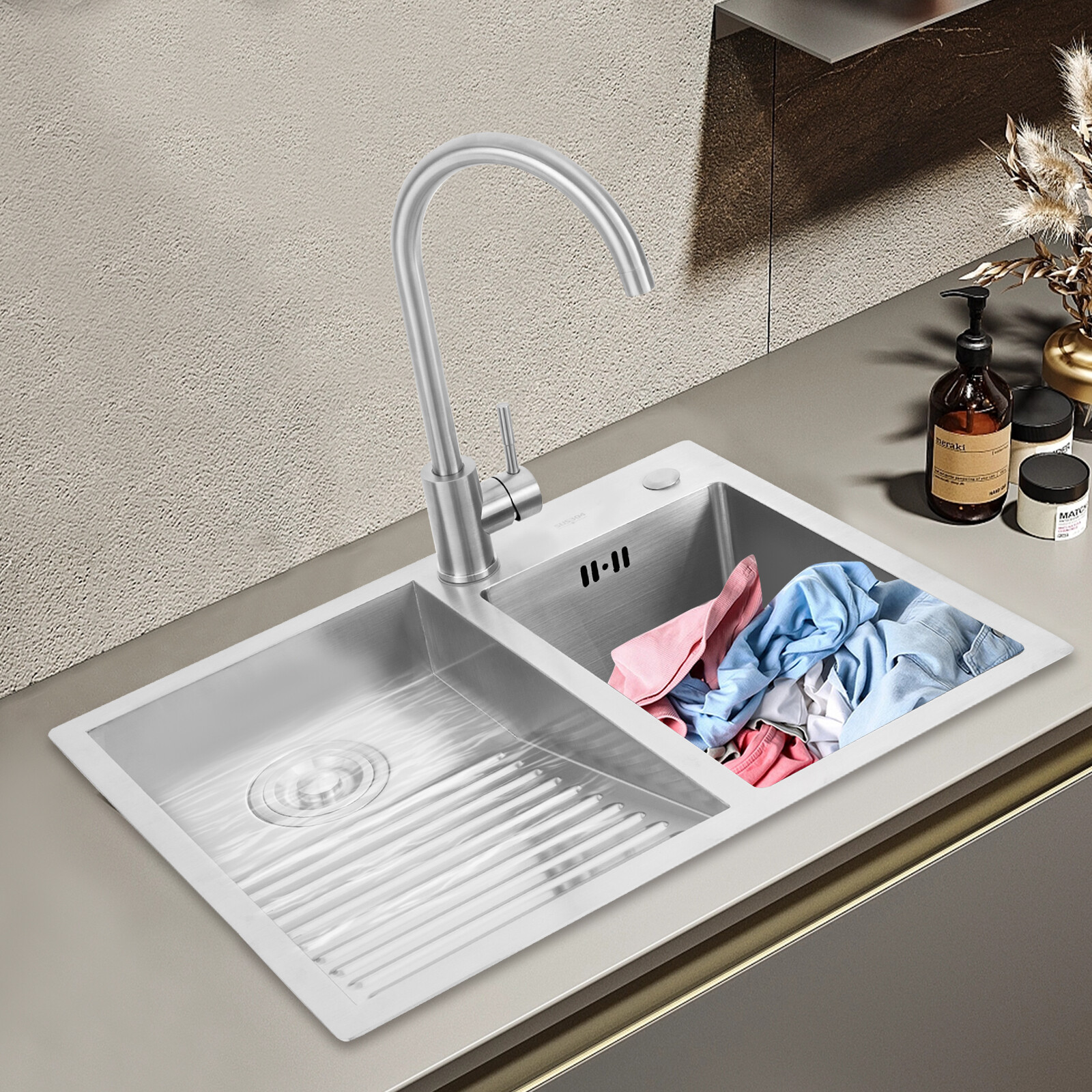 Laundry Sink Double Basin With Hot/Cold Faucet 304 Stainless Steel Scrub Basin