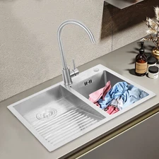 New Stainless Steel Laundry Sink with Faucet & Washboard 2 Basins Welding Sink