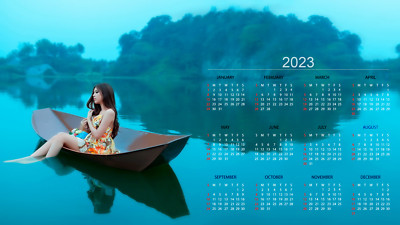 Landscape 2023 calendar boat women lake blue Custom Gaming Mat Desk