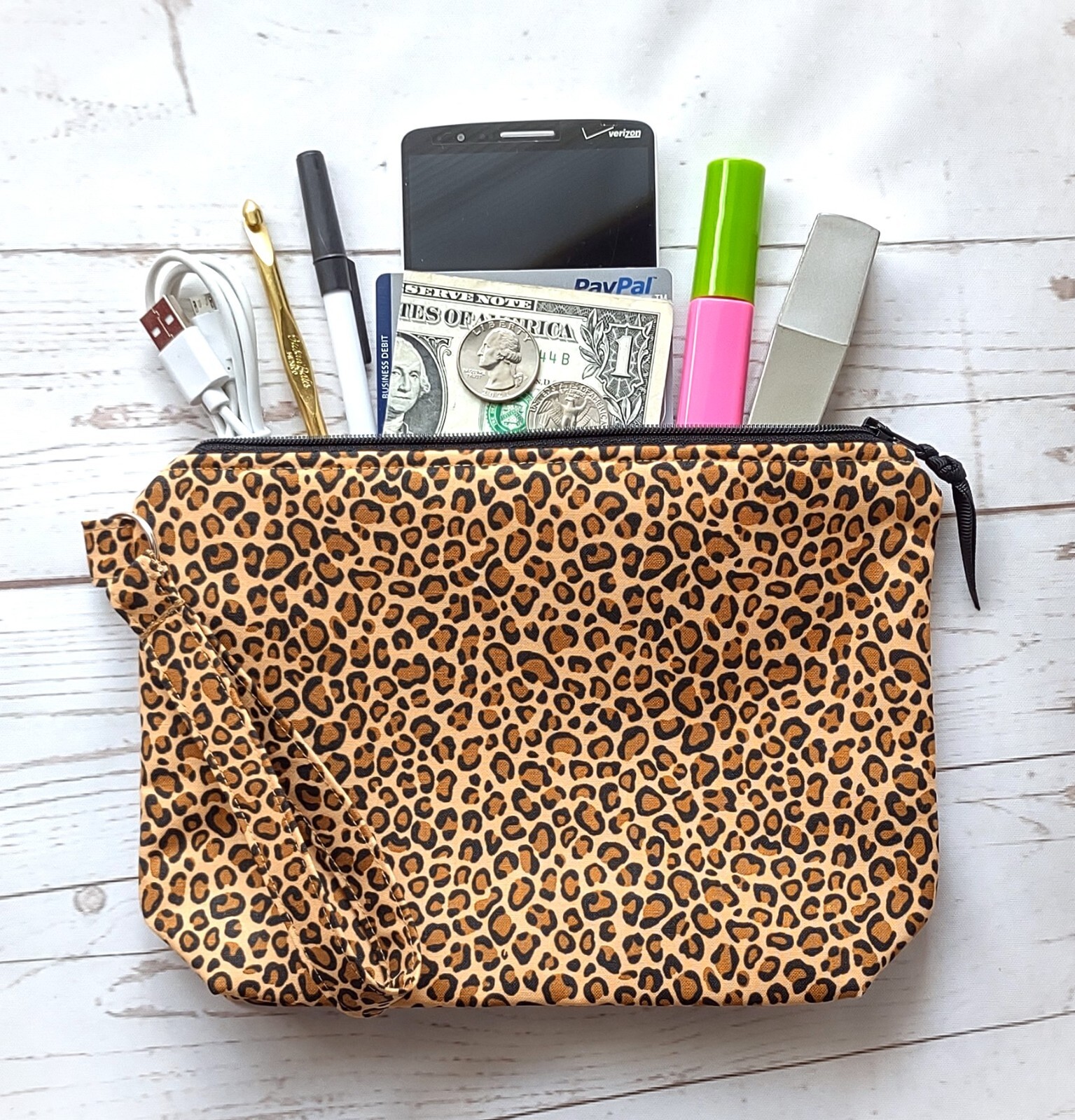Wristlet Purse Wallet Makeup Bag Phone Travel Leopard Cheetah Tote Handmade Gift