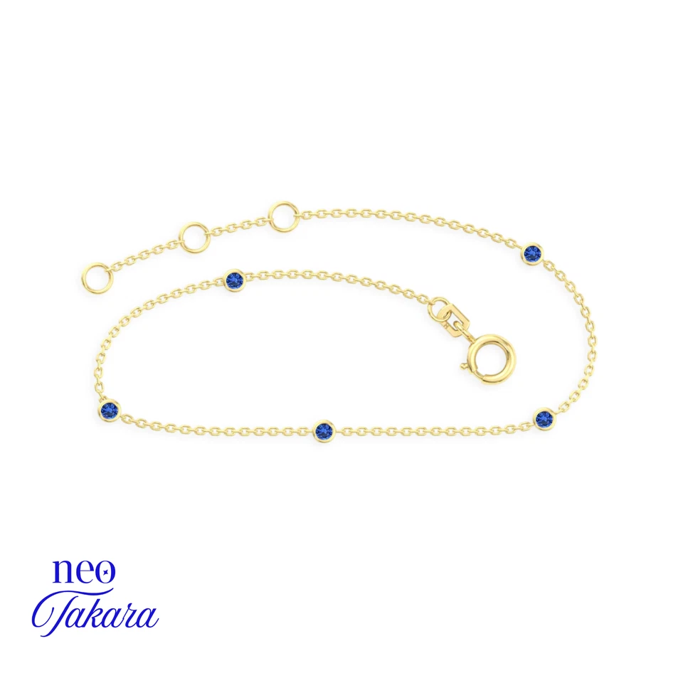Brazalete de oro amarillo de 9 quilates y zafiro azul de 0,35 quilates x5 piedras redondas naturales genuinas Foto 3 de 3