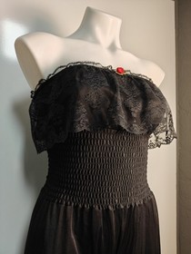 Vintage Small Black Nylon Strapless Harem Jumpsuit Smocked Bodice Lace Trim EVC