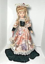 Vintage 90s Blonde Curly Hair Victorian Dress  Doll 18 Inches with Stand