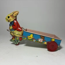 Vtg THE OHIO ART CO TIN LITHO ~ EASTER BUNNY w CART #155 RABBIT USA Metal Toy