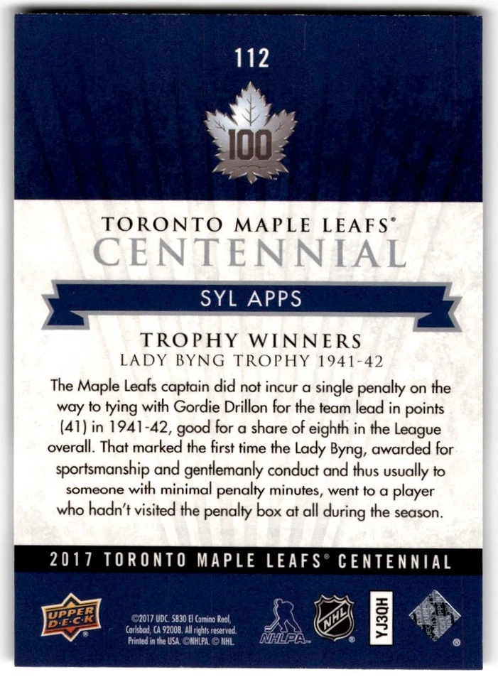 Syl Apps 2017-18 Upper Deck Toronto Maple Leafs Centennial SP #112 - Image 2 of 2