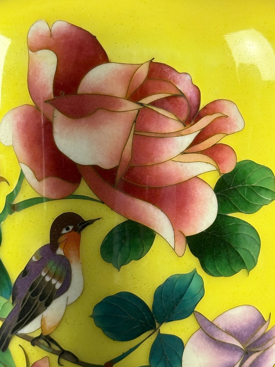 Japanese Cloisonné Enamel Vase Silver Rim Yellow Ground Bird