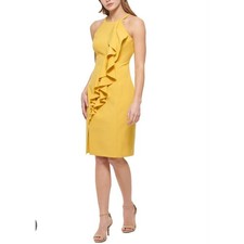 Vince Camuto Women's Size 10 Petite Cocktail Dress Yellow Halter Ruffle Slit