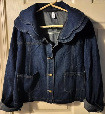 S.Y.G. Women's Denim Painter/Poet Collar Button Up Denim Jacket