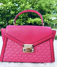 Michael Kors Whitney Medium Satchel Top Handle Bag Electric Pink Mk Logo Flap
