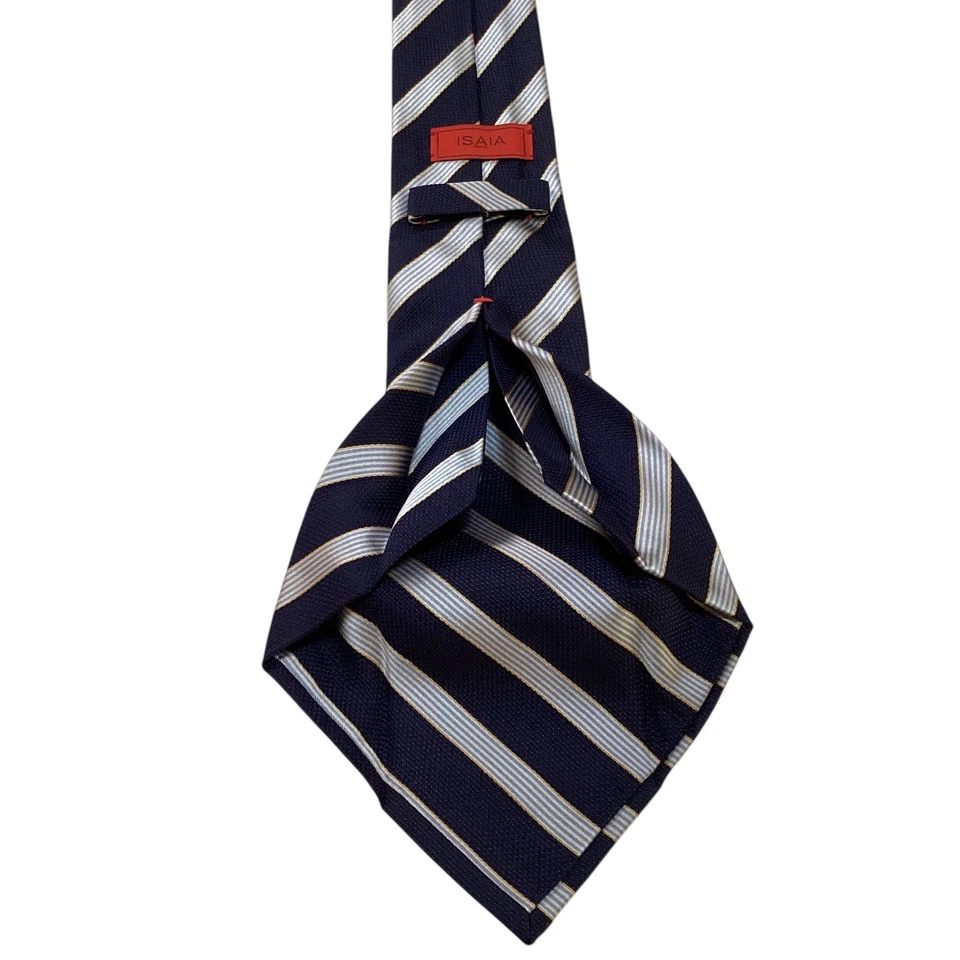 Corbata de seda para hombre ISAIA Napoli SEVENFOLD ITALIA de lujo a rayas azul/blanco usada en excelente estado Foto 4 de 4