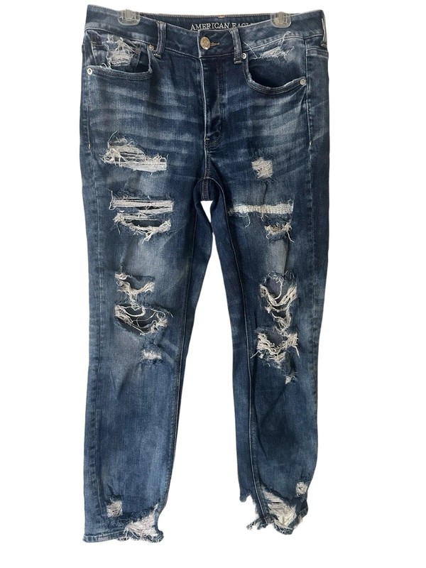 American Eagle Jeans Womens Blue Denim 8 Tomgirl Button Fly Distressed Stretch