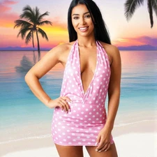 Women’s Pink Polka Dot Halterneck Mini Dress – Retro Partywear Clubwear Cocktail